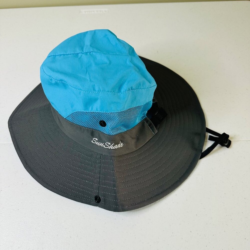SunShade Womens Wide Brim Blue Foldable Bucket Hat Sun Hat With Ponytail Hole